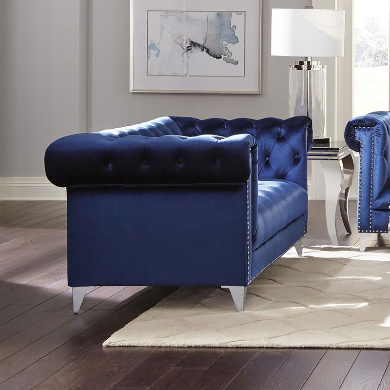 Bleker - Upholstered Tuxedo Arm Tufted Loveseat - Blue