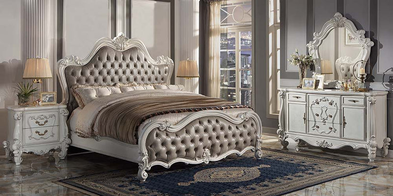 Versailles II - Queen Bed - Vintage Gray PU & Bone White Finsih