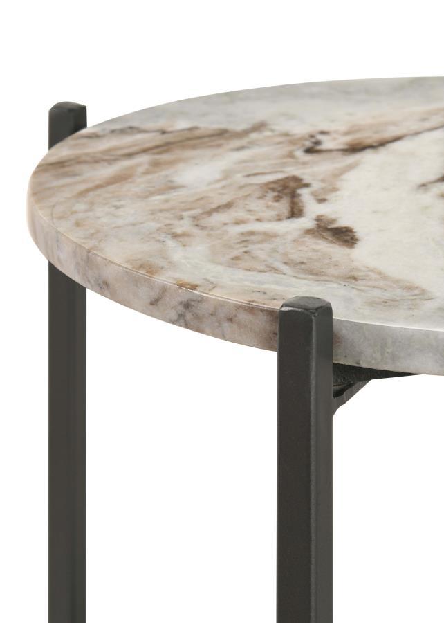 Noemie - Round Marble Top Accent Side Table - White And Gunmetal