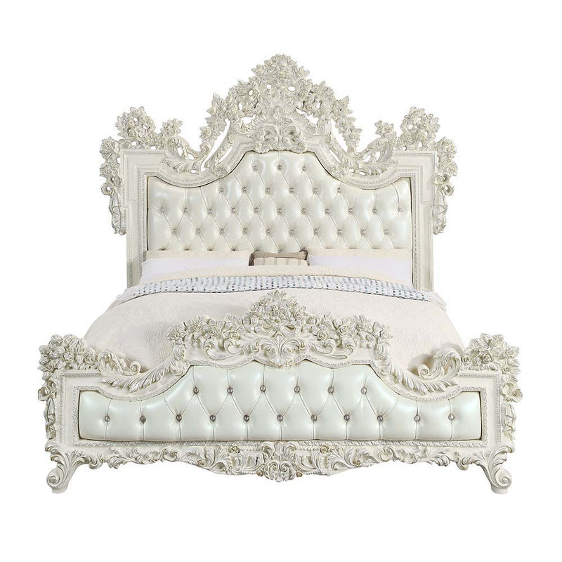 Adara - Eastern King Bed - Pearl White Synthetic Leather & Antique White