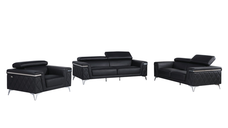 1140 - Top Grain Italian Leather Living Room Set - Black