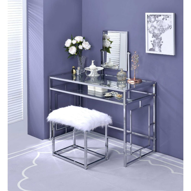 Carenze II - Vanity Desk - White Faux Fur & Chrome