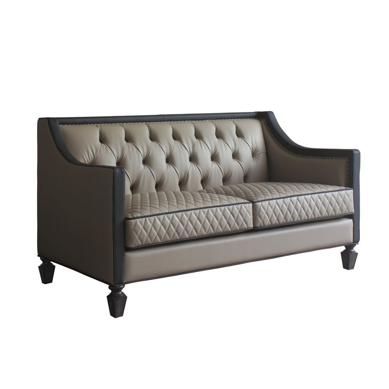 House - Beatrice Loveseat - Tan PU, Black PU & Charcoal Finish