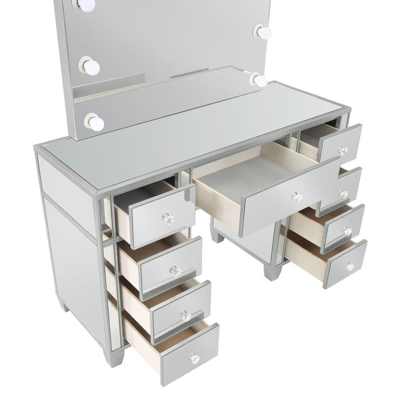 Allora - 9-Drawer Mirrored Storage Vanity Set With Hollywood Lighting - Metallic