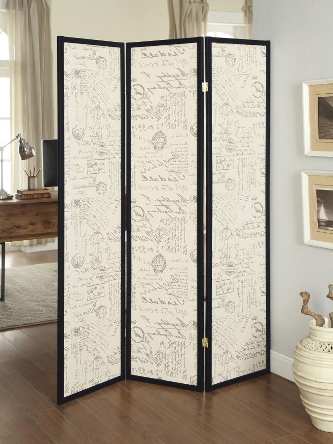 Felice - 3-Panel French Script Print Folding Screen - Espresso