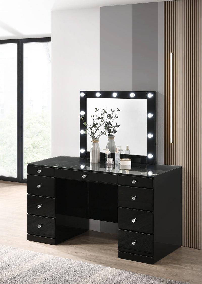 Avery - Vanity Desk With Glass Top, Led Mirror & Stool - Black