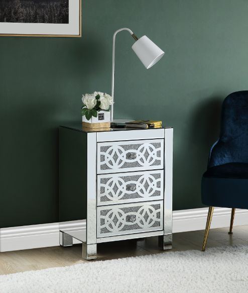 Noralie - Accent Table With 3 Drawers - Mirrored & Faux Diamonds